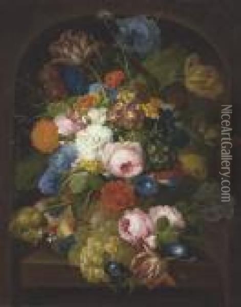 A Still-life Of Flowers With Grapes, Peaches And Plums On A Stoneledge In A Niche Oil Painting - Franz Xaver Petter