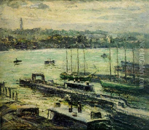 Harbor Scene, Hudson River Oil Painting - Ernest Lawson