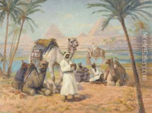 Kamelreiter Bei Der Rast Vor Den Pyramiden Von Gizeh Oil Painting - Karoly Cserna