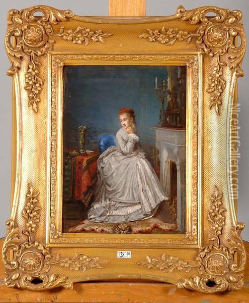 Jeune Femme Pensive Devant La Cheminee Oil Painting - Jean Carolus