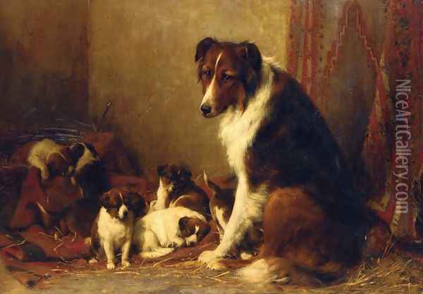 A Collie and Her Puppies Oil Painting - Otto Eerelman