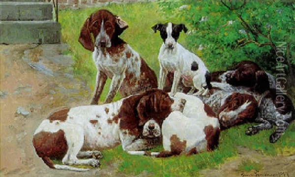 Syv Hundehvalpe Ved En Trappe Oil Painting - Simon Simonsen