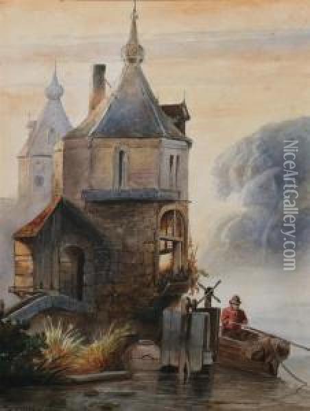 Approaching The Castle By Rowboat Oil Painting - Wijnandus Johannes Josephus Nuijen