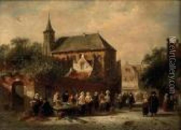 Market Day Near A Church On A Sunny Day Oil Painting - Charles Henri Leickert