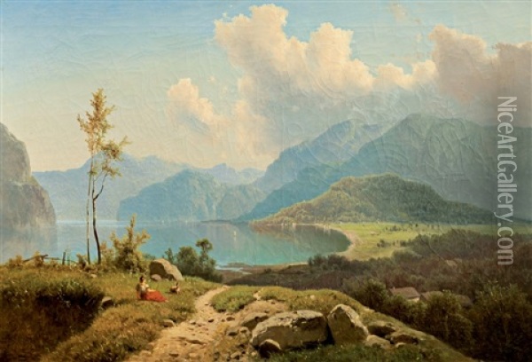 Pohled Na Konigsee S Kostelikem Sv. Bartolomeje Oil Painting - Adolf Chwala
