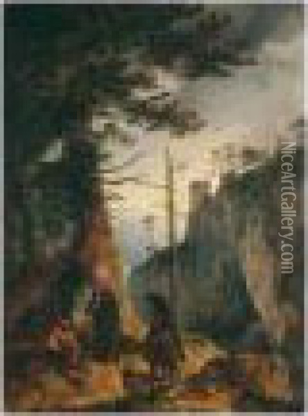 Jager Vor Einer Kohlerhutte (huntsmen Passing By The Charcoal Burner's Hut) Oil Painting - Friedrich Gauermann