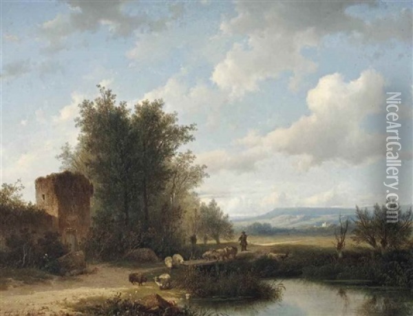 A Panoramic Landscape With A Shepherd And His Flock Oil Painting - Andreas Schelfhout