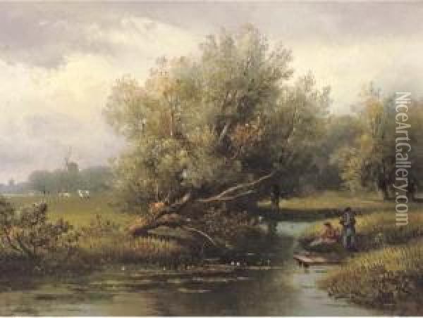 Anglers On A Riverbank Oil Painting - Johannes Pieter Van Wisselingh