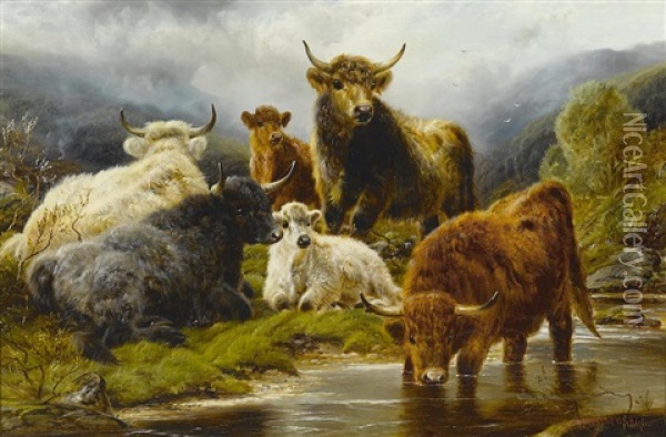 Highland Cattle; Highland Sheep (a Pair) Oil Painting - Robert Watson