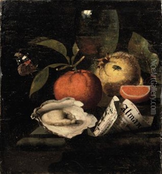 An Orange, A Quince, An Oyster, A Partly Rolled-up Leaflet, A Wine Glass, A Red Admiral Butterfly And A Fly, All On A Marble Ledge Oil Painting - Martinus Nellius