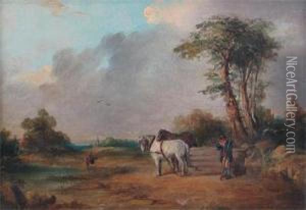 Pastoral Scene With A Woodman And His Horses Resting Oil Painting - Charles Towne
