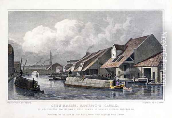 City Basin, Regents Canal, engraved by F.J. Havell, 1827 Oil Painting - Thomas Hosmer Shepherd