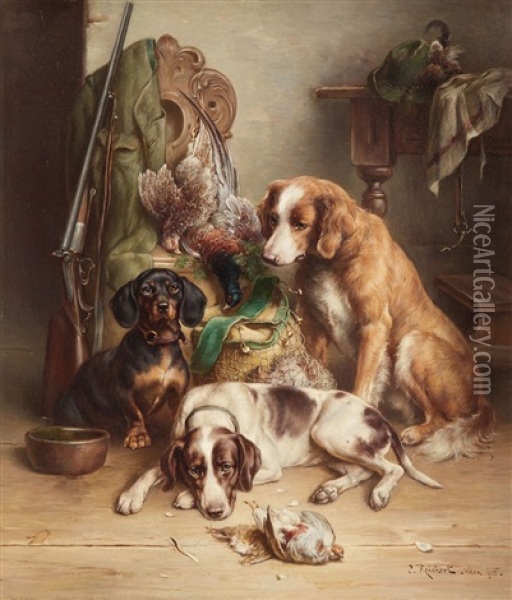 Three Dogs After The Hunt Oil Painting - Carl Reichert