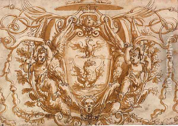 The arms of a Borghese Cardinal, in a cartouche flanked by putti Oil Painting - Oliviero Gatti