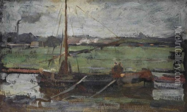 Polder With Moored Boat Near Amsterdam I Oil Painting - Piet Mondrian