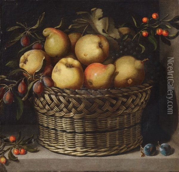 Apples, Quinces, Plums And Cherries In A Basket Oil Painting - Juan Van Der Hamen Y Leon