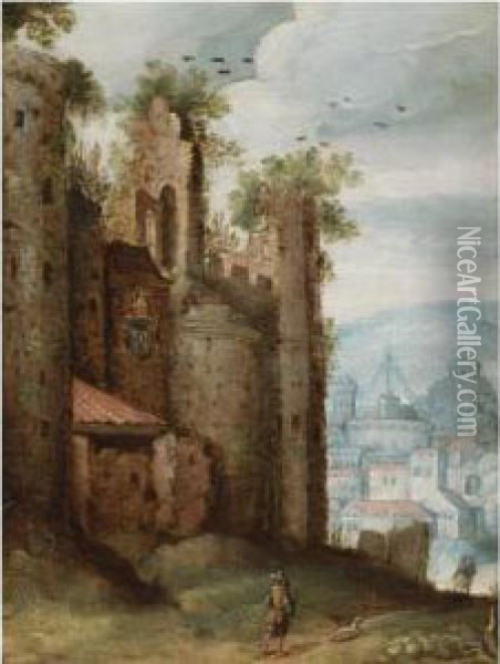 A Landscape With A Ruined Castle
 In The Foreground, Charged With The Papal Coat-of-arms, And A View Of A
 Town Beyond Oil Painting - Marten Ryckaert