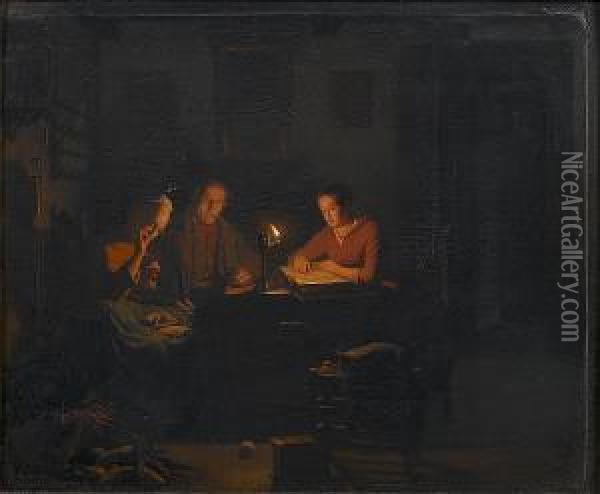 Reading By Lamplight Oil Painting - Johannes Rosierse