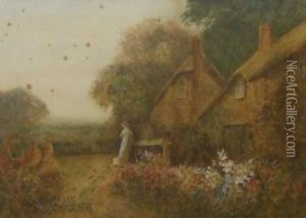 Figure By A Thatched Cottage In Summer Oil Painting - Fred Hines