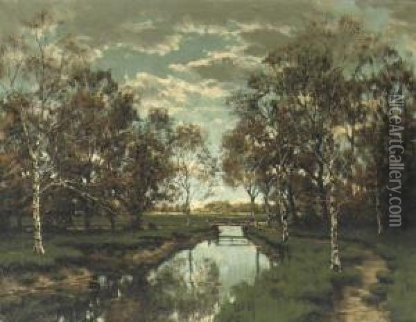De Voordense Beek: A Sunny Autumn Landscape With Birches Oil Painting - Tinus De Jong