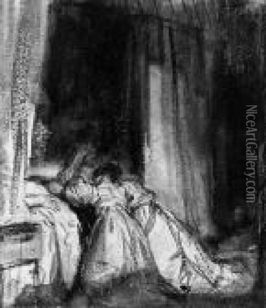 Two Women Kneeling At A Bedside Oil Painting - Richard Parkes Bonington
