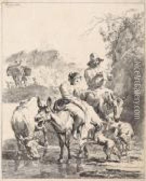 Hirten Mit Eseln Und Vieh An Einemfluss Oil Painting - Nicolaes Berchem