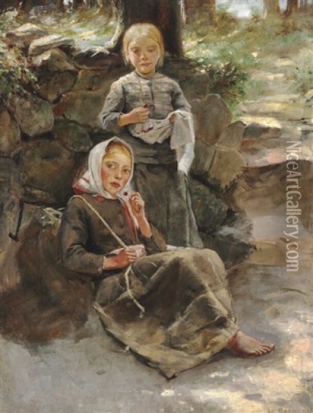 Two Little Girls Eating Cherries In A Cleaning In The Woods Oil Painting - Hugo Salmson
