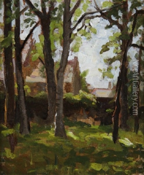 View Of Farm Buildings Through Trees Oil Painting - Sarah Henrietta Purser