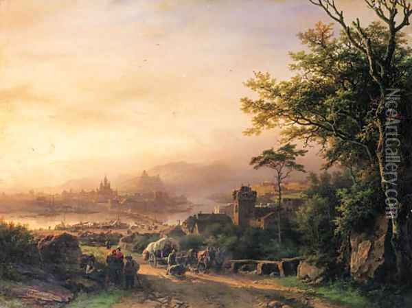 Riviergesicht met een stad, bij namiddagzon Oil Painting - Barend Cornelis Koekkoek