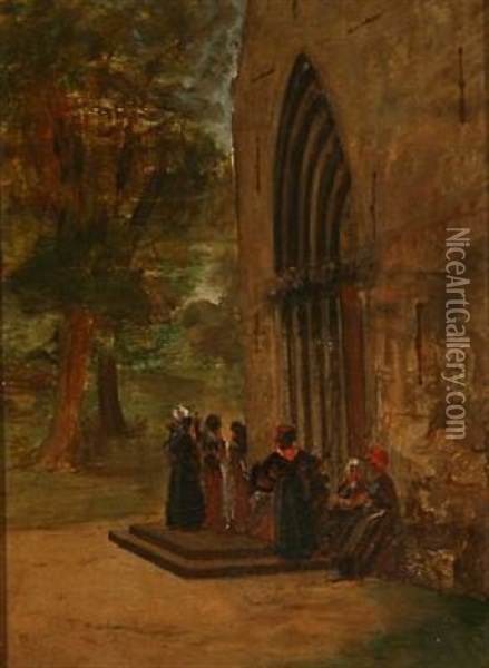 People In Front Of A Church (friesian Island Of Fohr?) Oil Painting - David Jacobsen