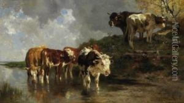 Livestock By The Trough. Signed And Dated Bottom Right: Anton Braith Munchen 1883 Oil Painting - Anton Braith