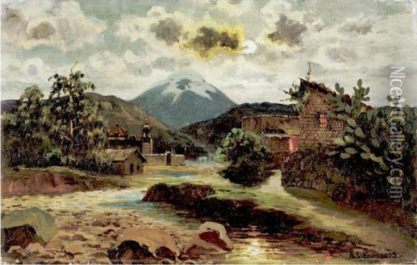 Paisaje Con Volcan Oil Painting - August Lohr