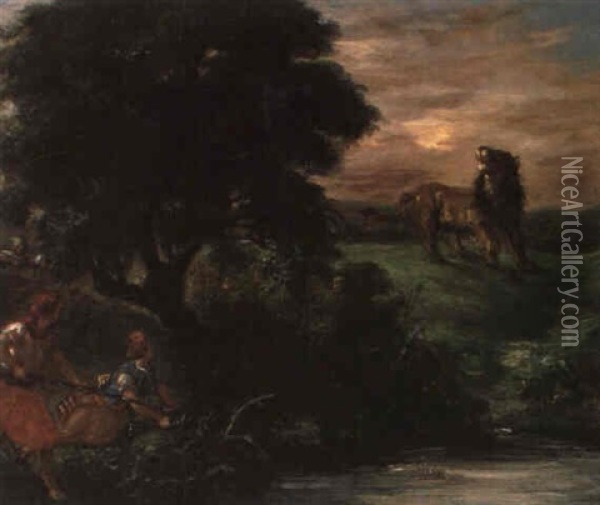 L'affut Au Lion Oil Painting - Eugene Delacroix