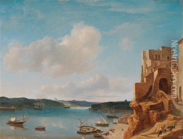 Port In The South With Fishing Boats Oil Painting - Petrus Jan (Johannes) Schotel