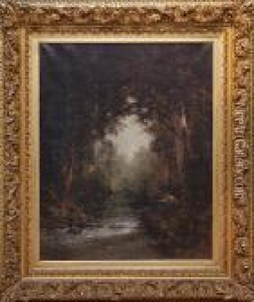 Wooded Scene- Fishing In A Stream Oil Painting - Thomas Hill