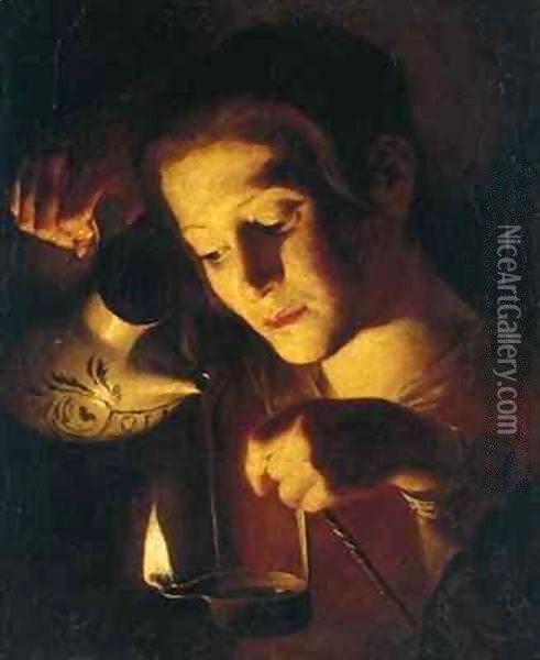 Girl pouring oil into a lamp Oil Painting - Trophime Bigot