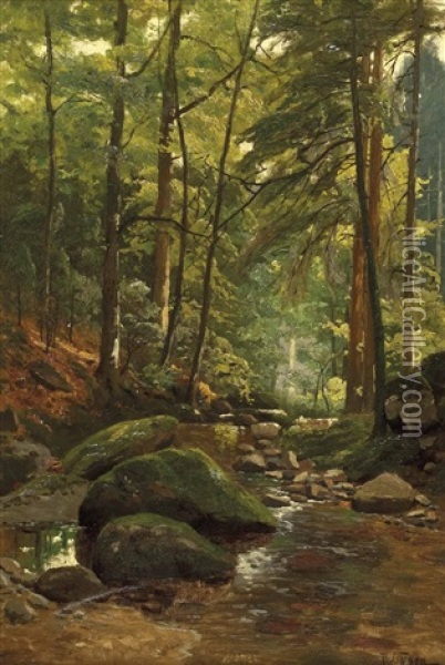 A) Sonnendurchflutetes Waldinneres Im Sommer B) Sonnendurchflutetes Waldinneres Im Herbst (pair) Oil Painting - Theodor Ohlsen