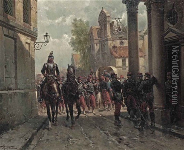 French Infantery Entering A Town Oil Painting - Hermanus Willem Koekkoek