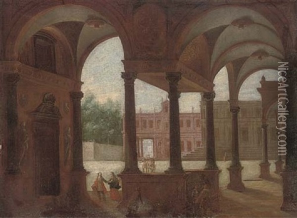 A Capriccio Of A Palace Courtyard With Figures Conversing Oil Painting - Jacob Ferdinand Saeys