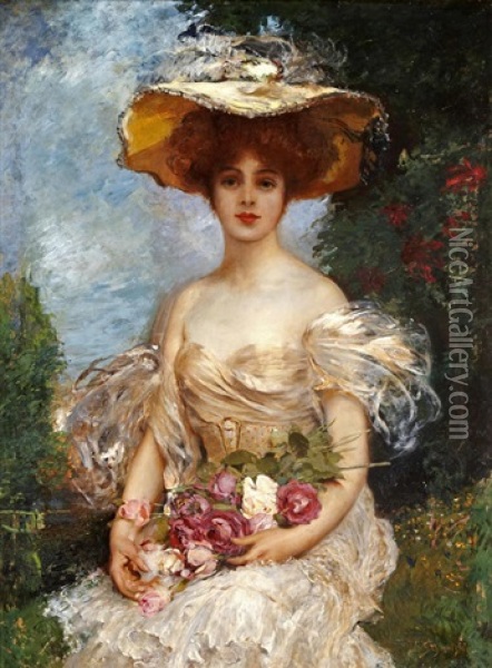 A Portrait Of An Elegant Woman Seated In A Garden Holding A Bouquet Of Roses Oil Painting - Leopold Schmutzler