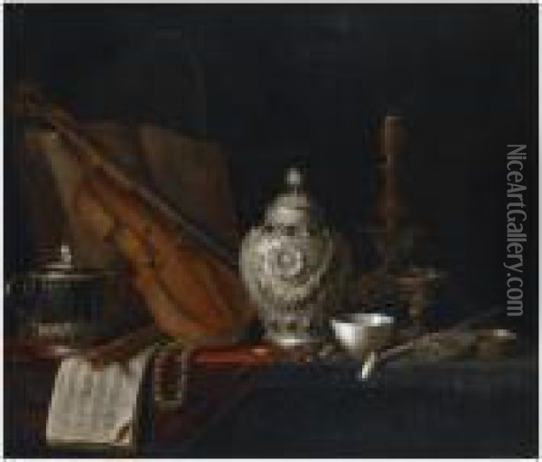 A Still Life With A Silver 
Ginger Jar, A Violin, A Pearl Necklace, A Recorder, Music Sheets, A 
Silver Porringer, A Book, A Globe, A Gilt Candlestick, A Glass, A 
Porcelain Bowl, A Pipe, A Silver Box And Almonds, All On A Wooden Table,
 Draped With A Oil Painting - Pieter Gerritsz. van Roestraten