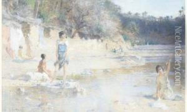 Jeune Filles Dans L'oued, Bou Saada. Oil Painting - Gustave Achille Guillaumet
