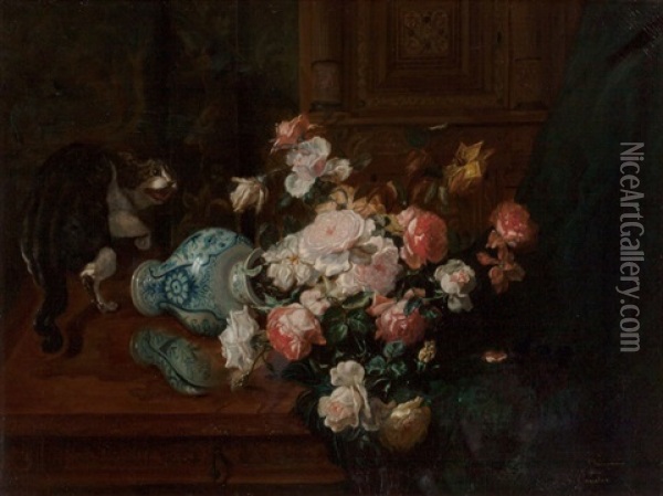 Floral Still Life With Cat Oil Painting - Gustave Emile Marchegay