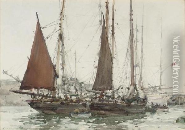 Fishing Boats In A Harbour Oil Painting - Henry Scott Tuke