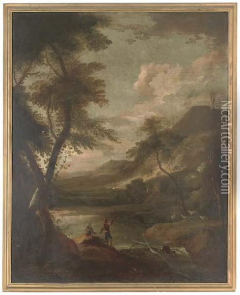 A Rocky Wooded River Landscape With Figures And Sheep Oil Painting - Gerard Van Edema