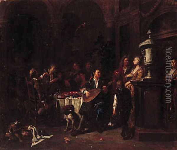 Elegant company making music and dining on a roof terrace Oil Painting - Maximilian Blommaerdt