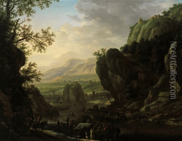 Felsige Flusslandschaft Mit Vielen Figuren Oil Painting - Louis Chalon