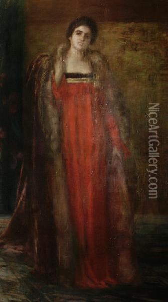 Portrait Of A Lady, Full Length, In A Reddress Oil Painting - Dora Hitz