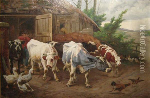 Koeien Komen Buiten Uit De Stal Oil Painting - Jef Louis Van Leemputten