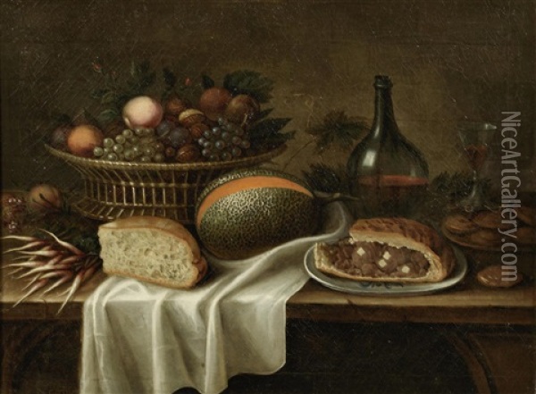 A Basket Of Fruit On Draped Table With A Pie, Faggots, A Split Melon And Wine Oil Painting - Claude Joseph Fraichot